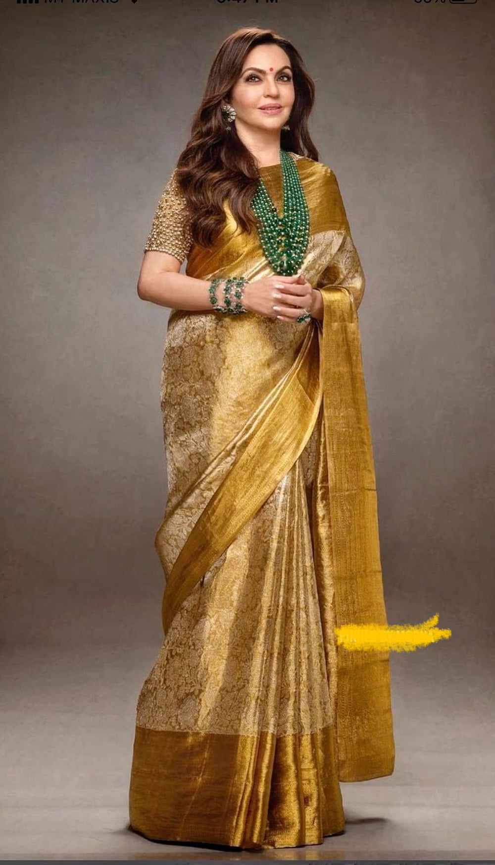 Nita Ambani Golden Embossed Soft Tissue Silk Saree