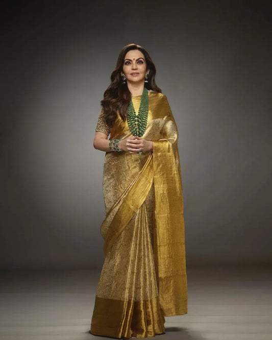 Nita Ambani Golden Embossed Soft Tissue Silk Saree