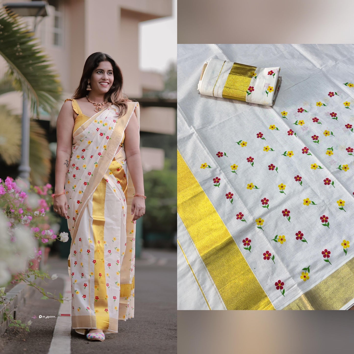 Micro flower golden kasavu cotton Set Mundu