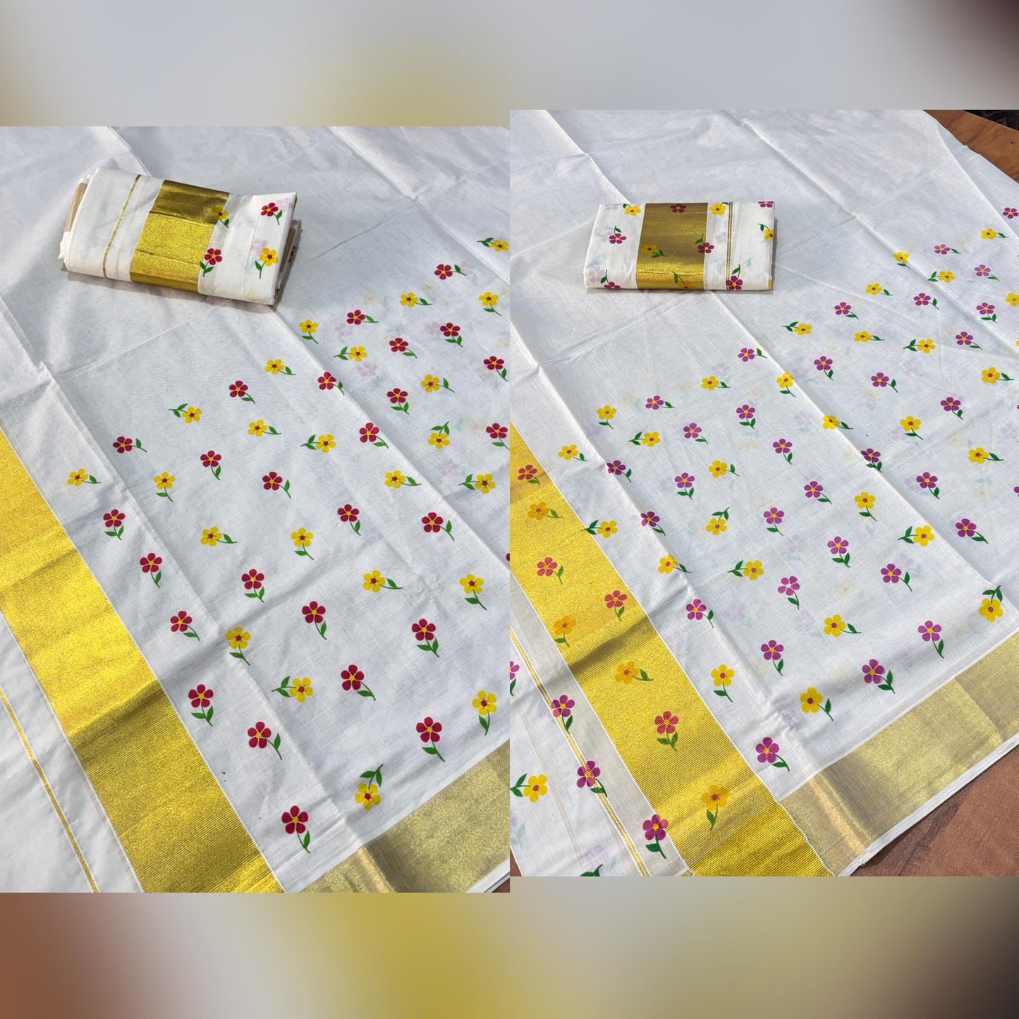 Micro flower golden kasavu cotton Set Mundu