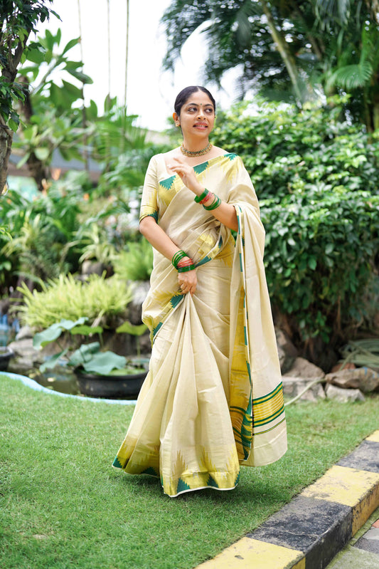 Temple golden tissue saree bottle green