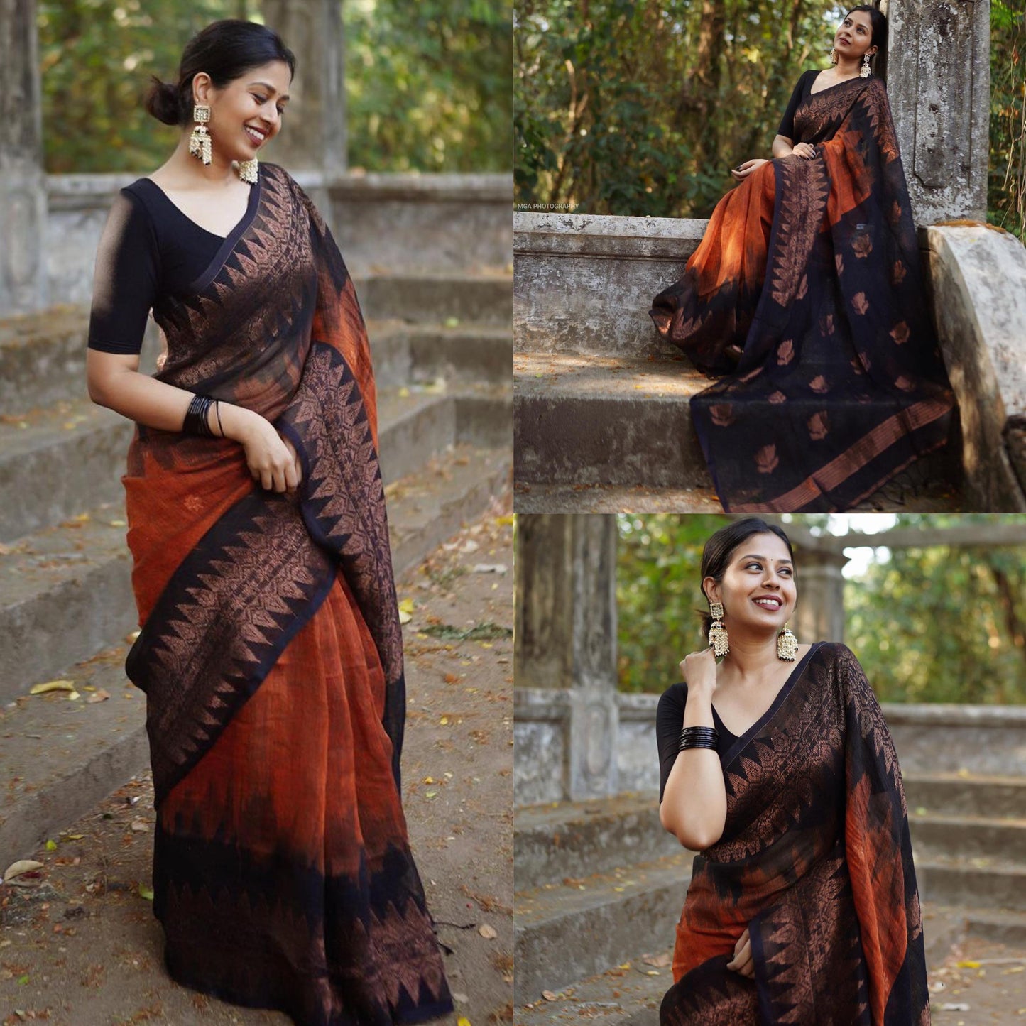 Black and Brown double side temple korvai cotton saree.