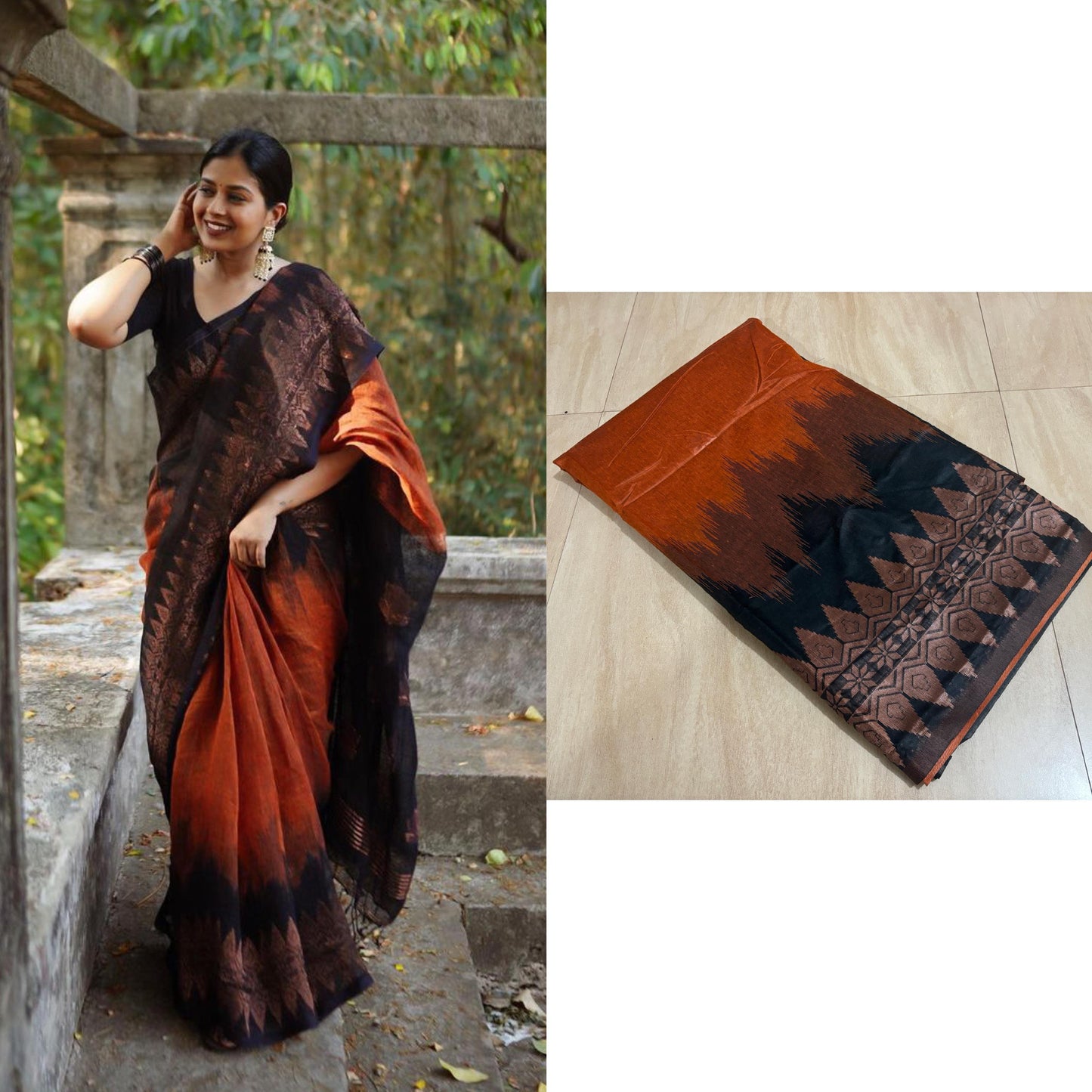 Black and Brown double side temple korvai cotton saree.