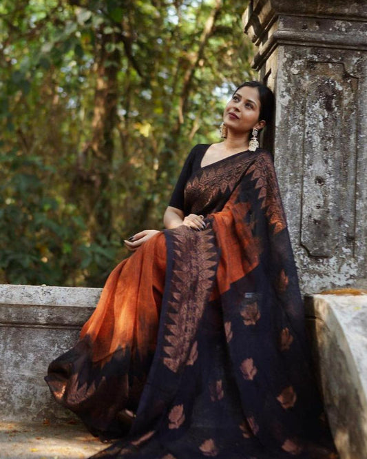 Black and Brown double side temple korvai cotton saree.