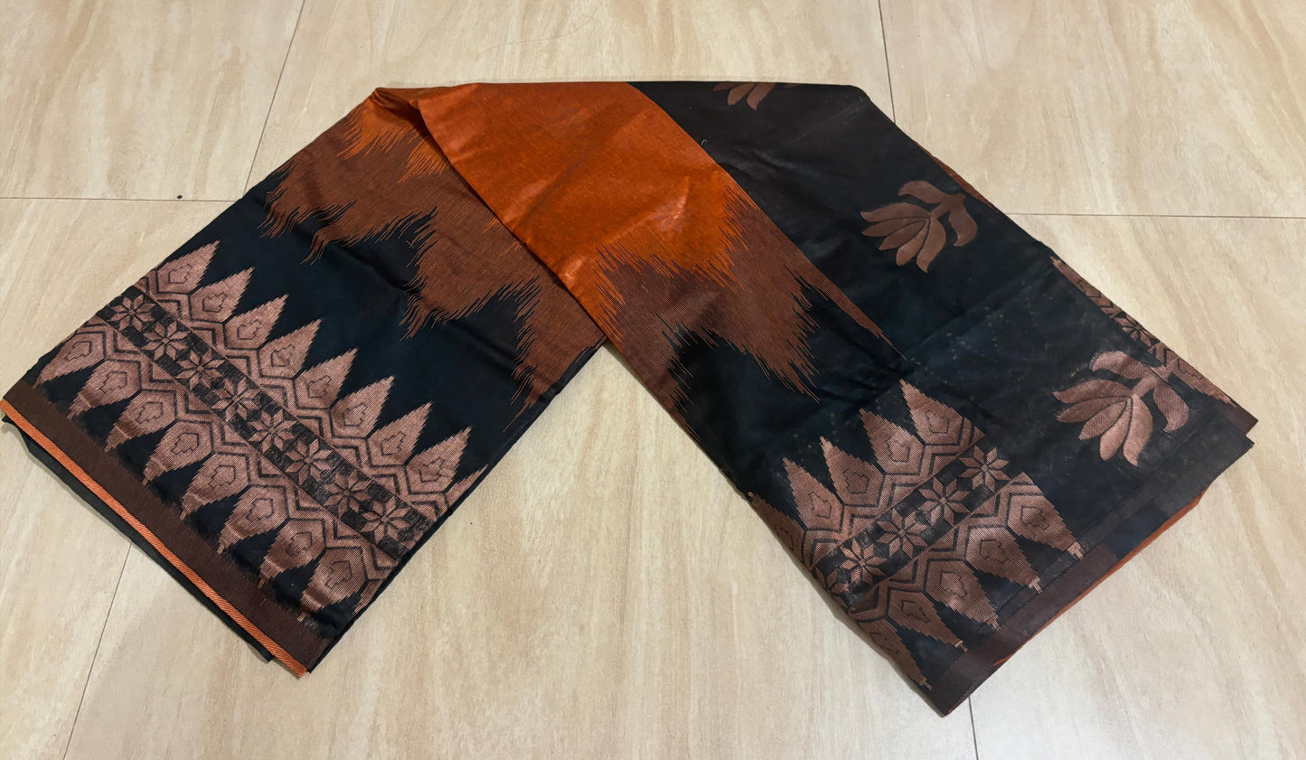 Black and Brown double side temple korvai cotton saree.