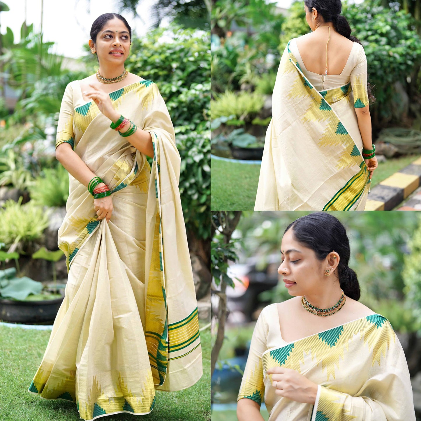 Temple golden tissue saree bottle green