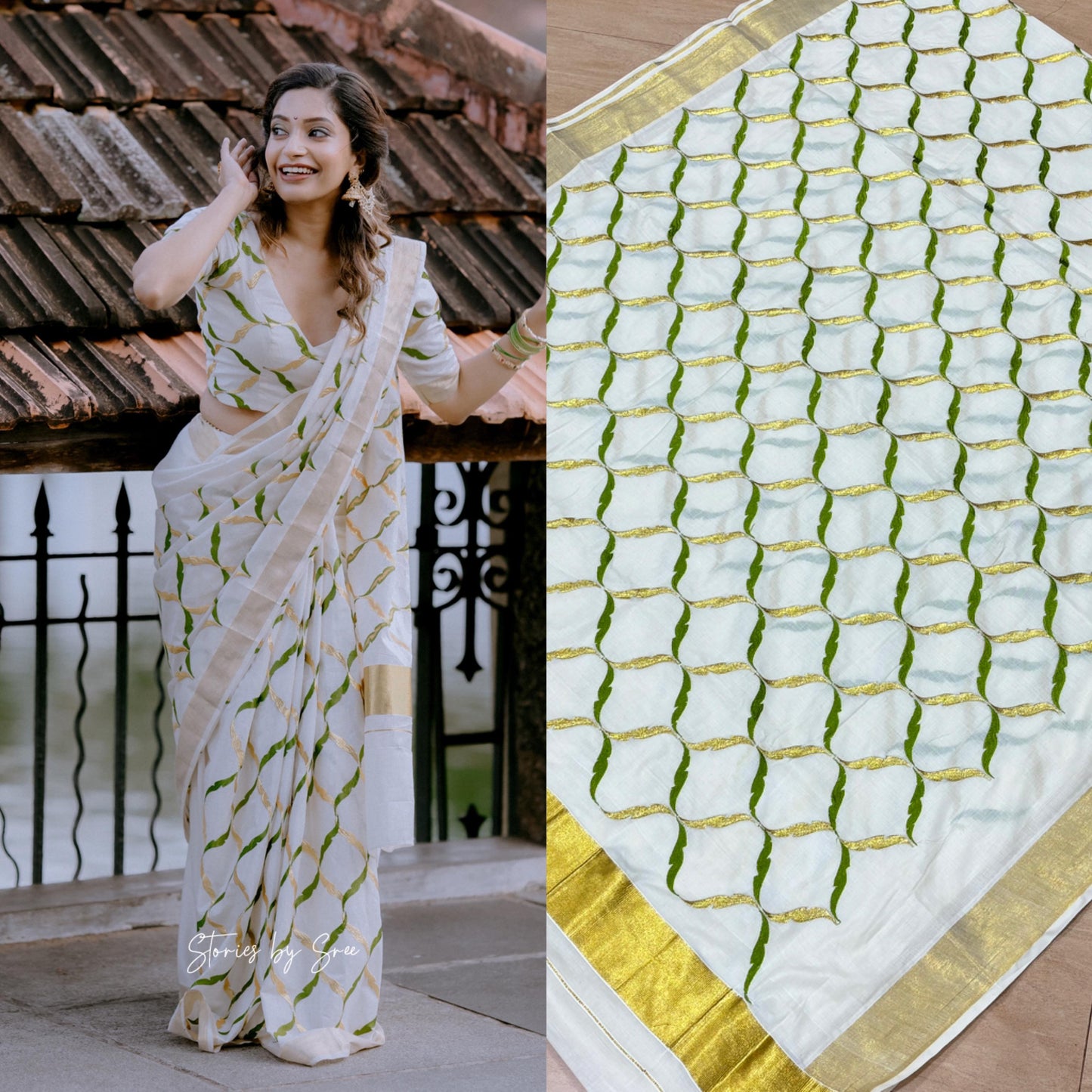 Kerala kasavu olive chain saree
